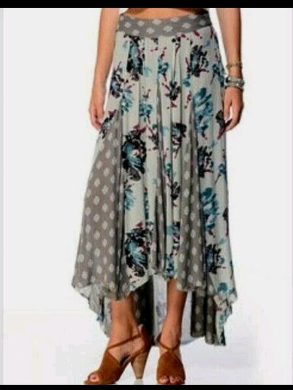 Free People Show You Off Bohemian Hi Low Patchwork Distressed Hem Skirt Small